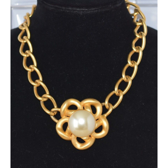 Maxine Denker Satin Matte Gold Tone Faux Pearl Couture Statement Necklace - Picture 2 of 7